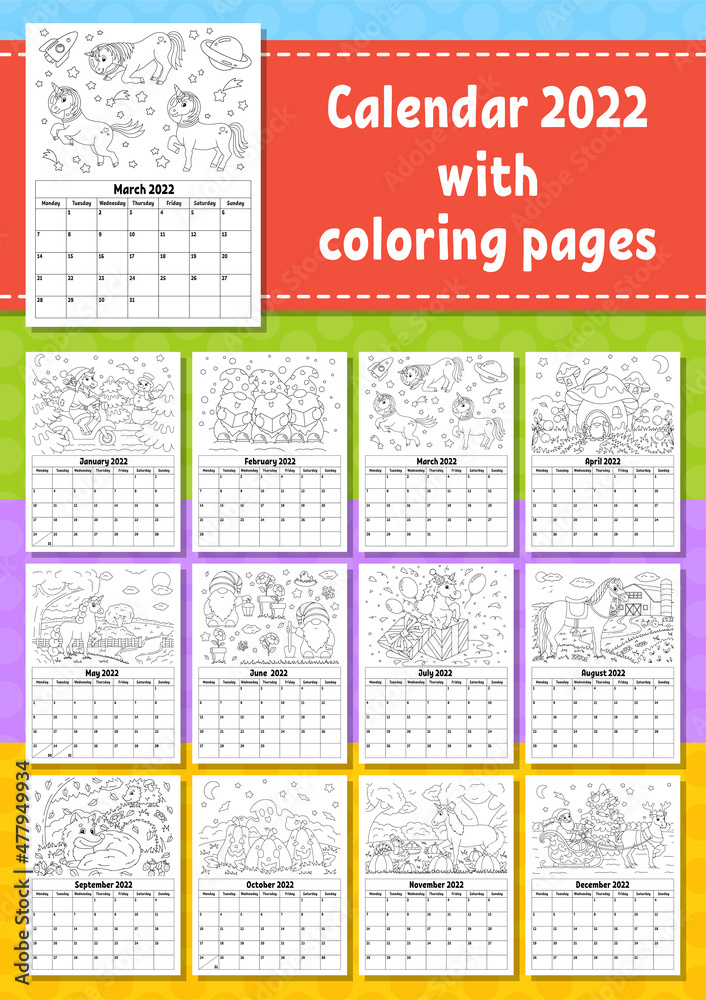 Vertical calendar for 2022 with a cute character. Coloring page for ...