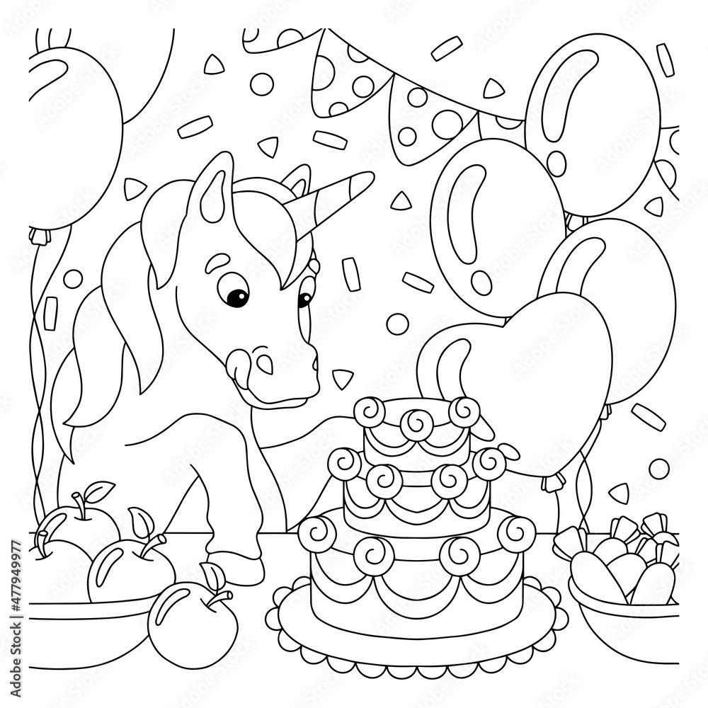 Coloring book page for kids. The unicorn at the birthday party looks at
