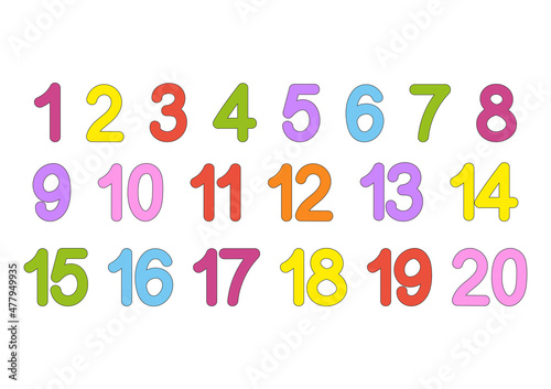 A set of numbers from one to twenty. Bright colorful collection. For teaching children. Simple flat vector illustration isolated on white background.