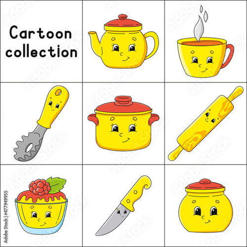 Dishware theme. Cartoon character. Colorful vector illustration. Isolated on white background. Design element. Template for your design, books, stickers, cards.