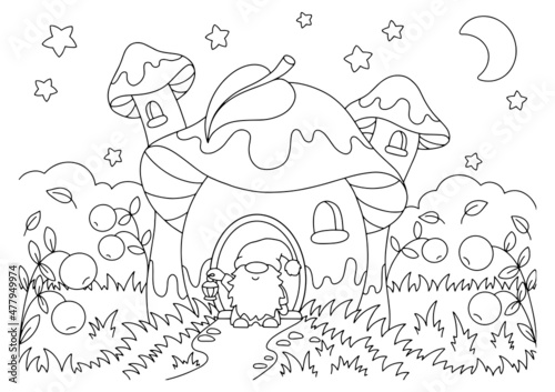 A cute gnome stands in a clearing near the mushroom house. Coloring book page for kids. Cartoon style character. Vector illustration isolated on white background.