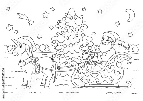 Santa Claus and the unicorn are carrying gifts on a Christmas sleigh. Coloring book page for kids. Cartoon style character. Vector illustration isolated on white background.