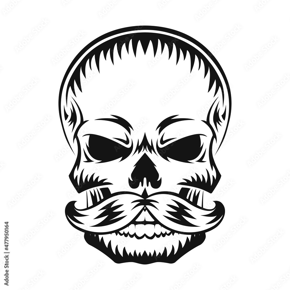 Human skull with mustache. Black silhouette. Design element. Hand drawn sketch. Vintage style. Vector illustration.