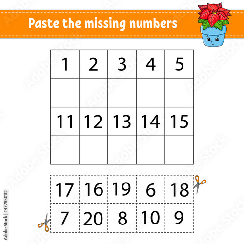 Paste the missing numbers 1-20. Game for children. Handwriting practice. Learning numbers for kids. Education developing worksheet. Activity page. Isolated vector illustration in cute cartoon style.