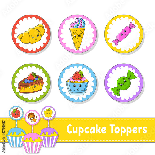 Cupcake Toppers. Set of six round pictures. Cartoon characters. Cute image. For birthday  party  baby shower.