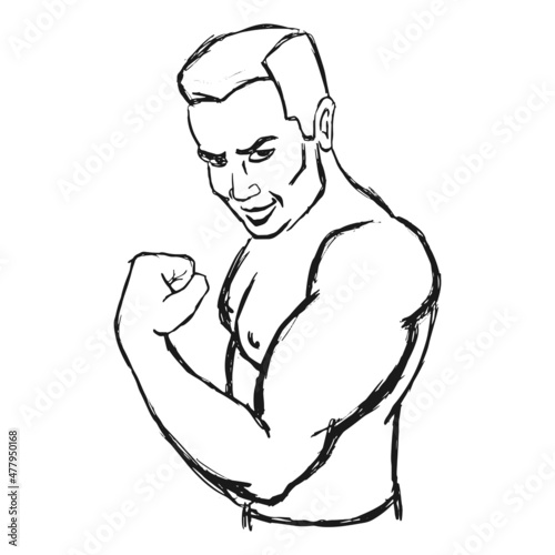 Male bodybuilder flexing his biceps. Hand drawn sketch. Outline silhouette. Design element. Vector illustration isolated on white background. Template for books, stickers, posters, cards, clothes.