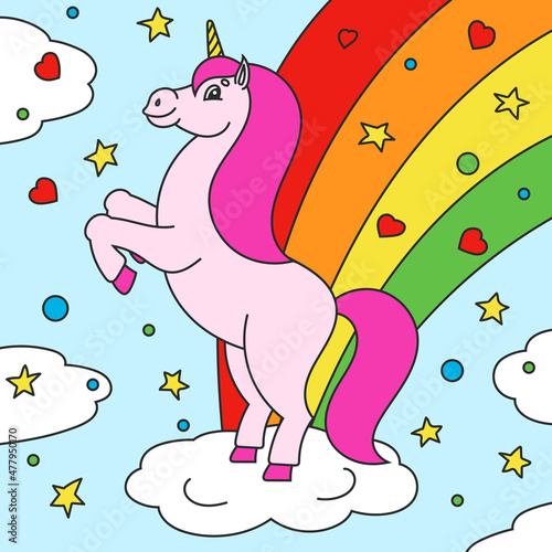 The magical unicorn reared up. The animal horse stands on its hind legs. Cartoon style. Simple flat vector illustration.