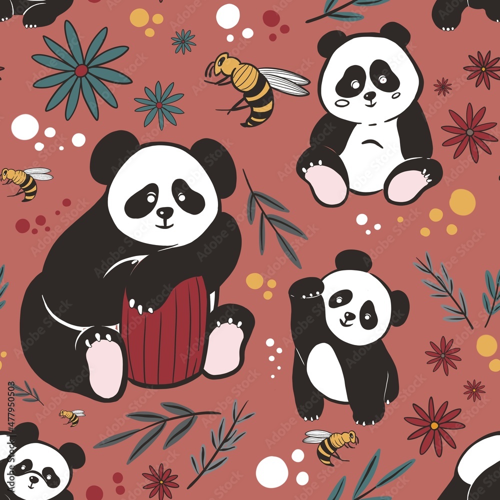 Pattern with pandas, bees, honey and bamboo Pattern with pandas, bees, honey and bamboo