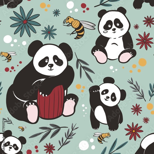 Fototapeta Naklejka Na Ścianę i Meble -  Pattern with pandas, bees, honey and bamboo