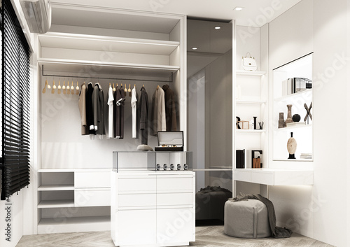 Fotografering Dressing room designed in minimal style with wooden materials with wardrobe without doors