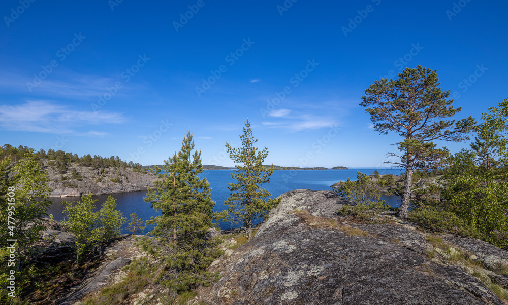 Landscape with a forest on stones over the lake. Sunny day at the lake. Reflection of the sky in the water. Pines on stones. The nature of the north. Landscape with a forest on stones over the lake. Sunny day at the lake. Reflection of the sky in the water. Pines on stones. The nature of the north.