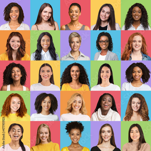 Pretty multiracial ladies students posing on colorful backgrounds © Prostock-studio