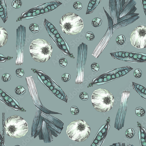 Seamless pattern of vegetables. Leeks, onions, peas. Watercolor illustration. Great for menus, textiles, fabric, packaging, paper, wallpaper.