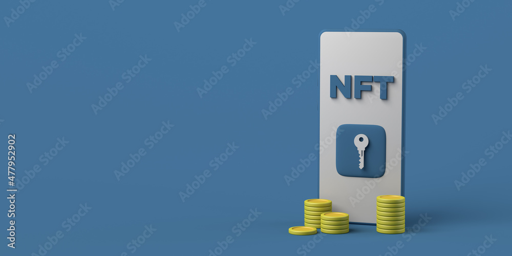 NFT non fungible token on smartphone for crypto art with coins. 3D illustration. Copy space. NFT non fungible token on smartphone for crypto art with coins. 3D illustration. Copy space.