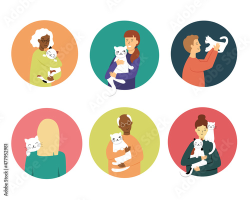 Pet owners hug cats, young and old people of different nationalities. Set of vector illustrations in flat style