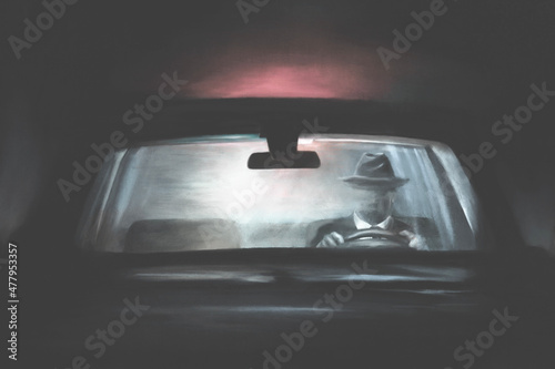 illustration of mysterious dark man driving in the night, surreal concept photo