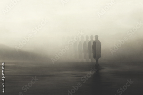 Fototapeta illustration of surreal man disappearing in the fog, abstract concept
