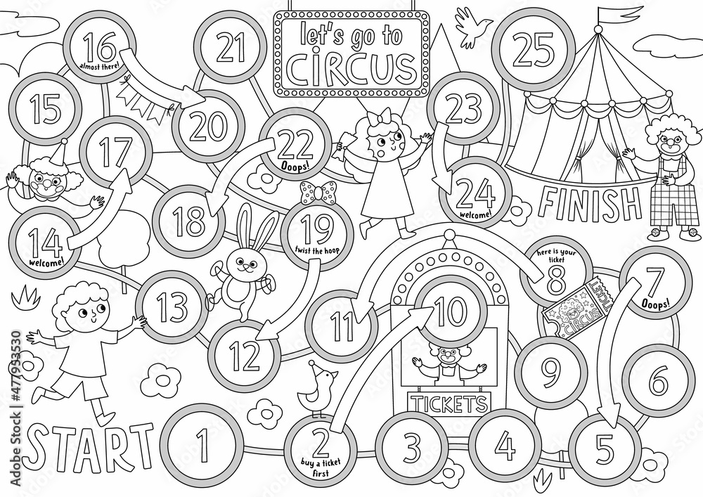 Circus black and white dice board game for children with boy running to marqee, clowns. Amusement show or holiday line boardgame. Entertainment festival activity or coloring page. Circus black and white dice board game for children with boy running to marqee, clowns. Amusement show or holiday line boardgame. Entertainment festival activity or coloring page.
