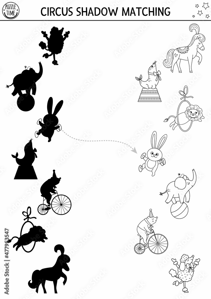Circus black and white shadow matching activity with cute performers. Amusement show line puzzle with animal artists. Find correct silhouette printable worksheet. Entertainment coloring page. Circus black and white shadow matching activity with cute performers. Amusement show line puzzle with animal artists. Find correct silhouette printable worksheet. Entertainment coloring page.