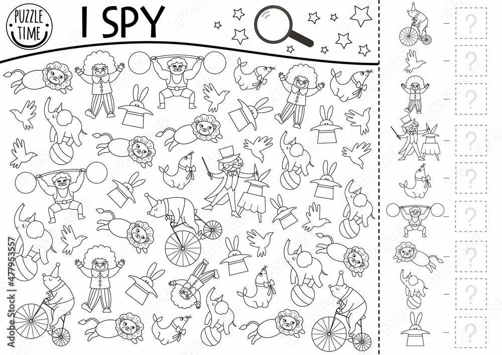 Circus black and white I spy game for kids. Searching and counting line activity with funny artists. Amusement street show printable coloring page. Simple festival spotting puzzle.