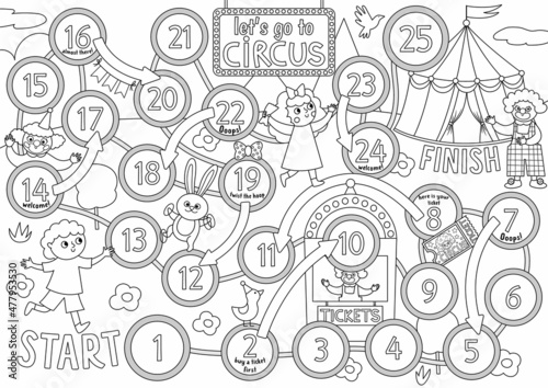 Circus black and white dice board game for children with boy running to marqee, clowns. Amusement show or holiday line boardgame. Entertainment festival activity or coloring page.