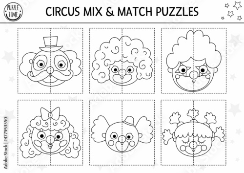 Vector circus black and white mix and match puzzle with clown faces. Matching amusement show line activity or coloring page. Educational printable game with stage performers.