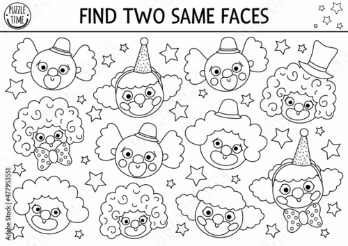 Find two same clown faces. Circus black and white matching activity for children. Amusement show line educational quiz worksheet for kids. Simple printable game or coloring page.
