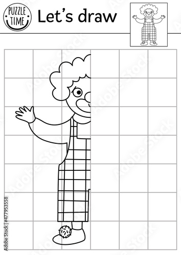 Complete the clown picture. Vector circus symmetrical drawing practice worksheet. Printable black and white activity for preschool kids. Copy the picture entertainment festival themed game.
