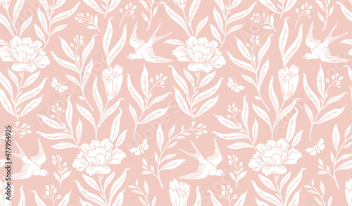 Boho mystical seamless pattern. Vector background with bird and floral elements in trendy bohemian celestial style.