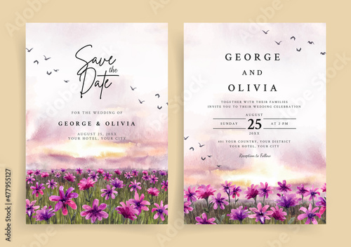 Wedding invitation of sunset nature landscape with beautiful purple flowers watercolor
