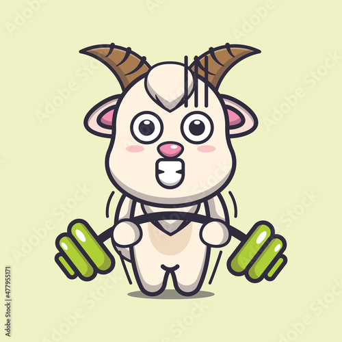 Cute goat lifting barbell. Cute cartoon animal illustration.