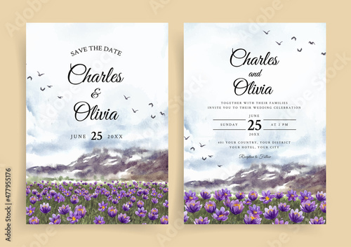 Wedding invitation with purple flowers and mountain watercolor