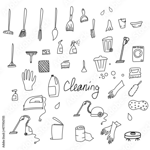 Set of vector elements with items for cleaning. Washing machine, powder, vacuum cleaner doodle.