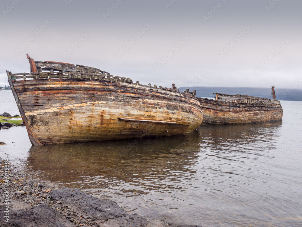 Old wrecked fishing boats at Salen beach, Isle of Mull, Scotland, uk