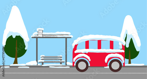 town postcard bus stop covered with snow. country landscape flat style. horisontal background