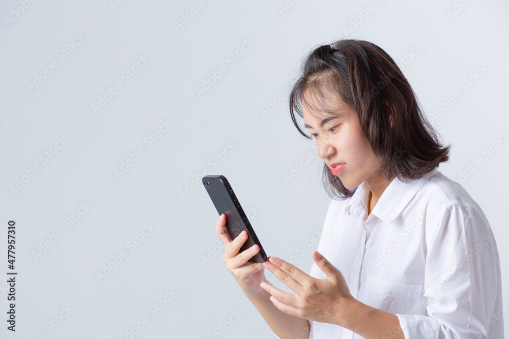 girl talking on the phone on a white background girl talking on the phone on a white background