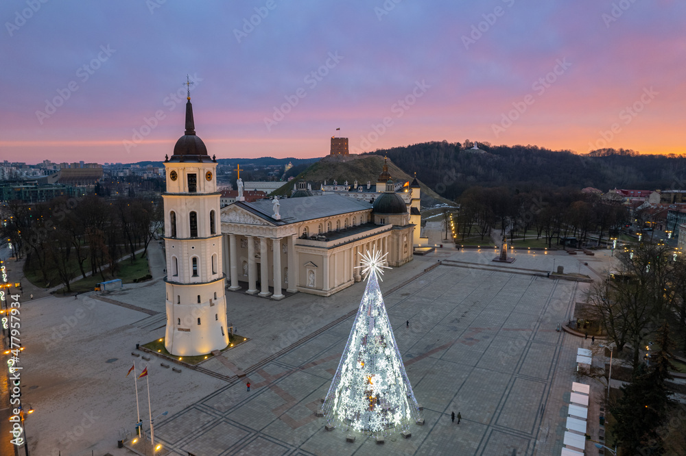 Aerial winter morning sunrise view of Vilnius old town, Lithuania