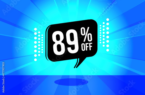 89% off. Blue banner with eighty nine percent discount on a black balloon for mega big sales. photo