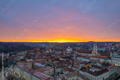 Aerial winter morning sunrise view of Vilnius old town  Lithuania