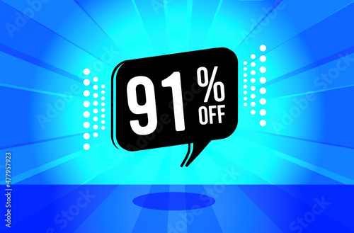 91% off. Blue banner with ninety one percent discount on a black balloon for mega big sales.