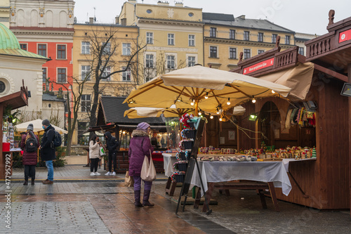 Krakow, Poland December 15, 2021  Christmas market on the Main Square in the city of Krakow. © pawelgegotek1