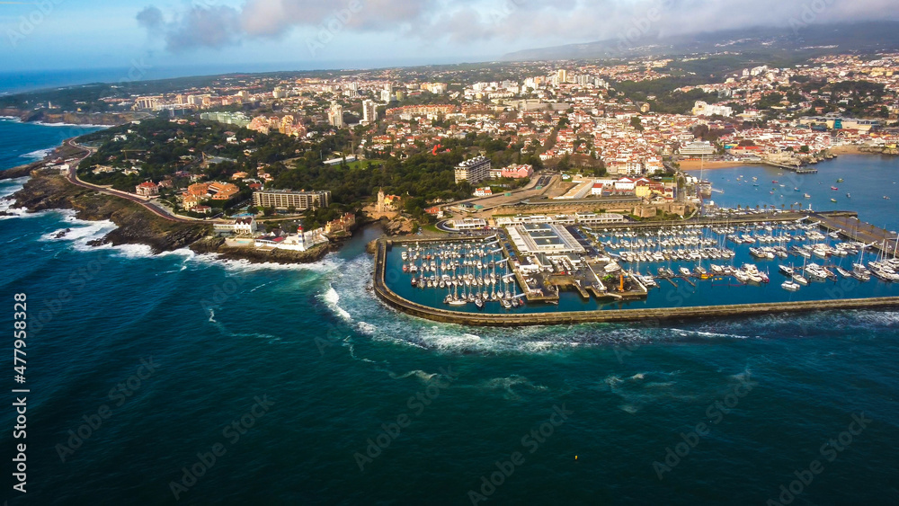 Aerial view of Cascais is a coastal resort town in Portugal, just west of Lisbon. Tourist travel destination