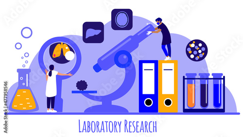 Doctors or scientists are researching human organs tissue and blood samples, using microscope and reagents. A concept of histology service. Vector flat illustration, tiny person concept. photo