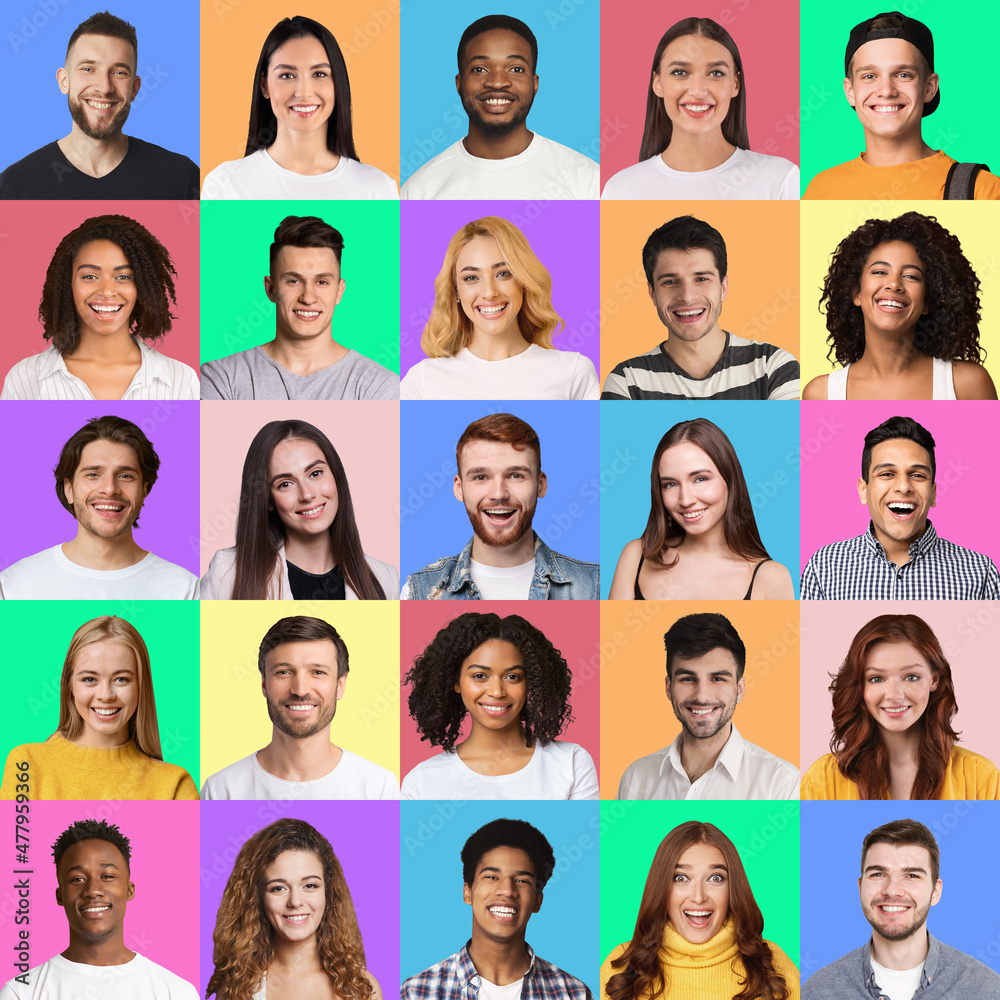Portraits of happy multiracial millennial people posing on colorful backgrounds Portraits of happy multiracial millennial people posing on colorful backgrounds