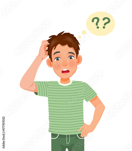 Confused young man scratching his head having no idea, clueless, don’t know, puzzled and doubt about the questions with hand on waist