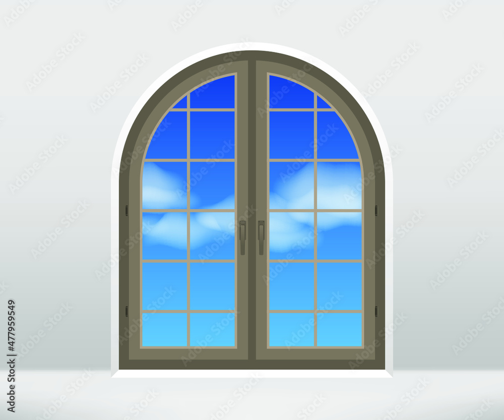Closed window in the wall. Arched window with view of blue sky. Architecture detail Closed window in the wall. Arched window with view of blue sky. Architecture detail