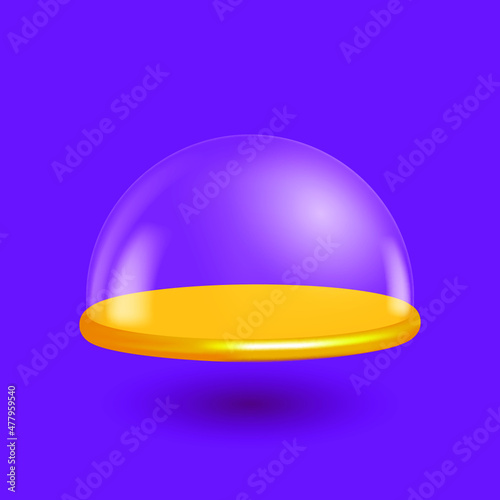 Transparent glass dome on the golden podium. Realistic 3D design. 
Stand for Promotion Product