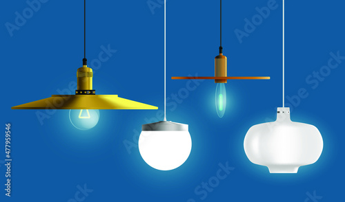 Interior lamps with different lampshades and plafonds. Hanging luminaires for retro, vintage or loft interior photo