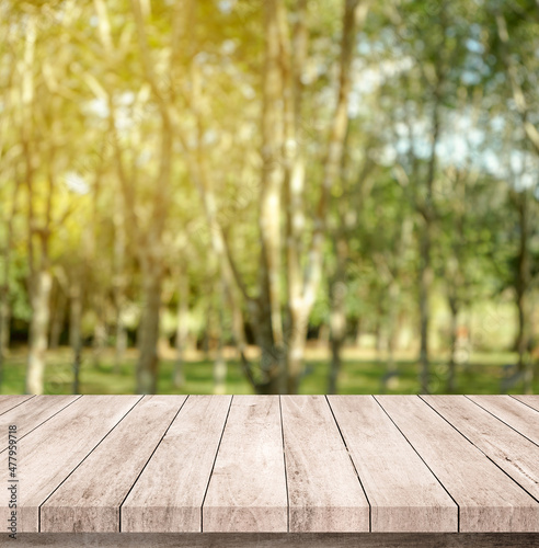 Old wood plank with abstract rubber plantation blurred background for product display