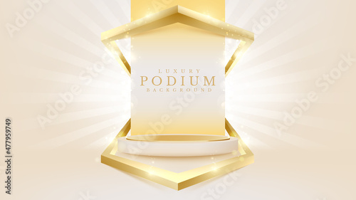 Realistic cream color podium for product display with golden line elements and light effects.